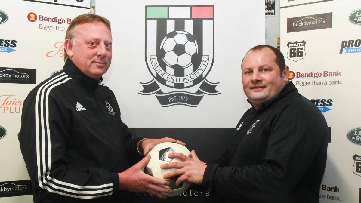 NEW FRONTIER: Launceston City's new director of football Andrew Heap with president Austin Fagan. Picture: Neil Richardson 