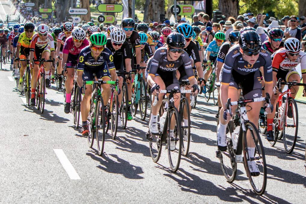 ACTION: Coastal cyclist Amy Cure (second from front) competing in the second stage of the Santos Women's Tour in Adelaide this week. Picture: Chameleon Photography. 