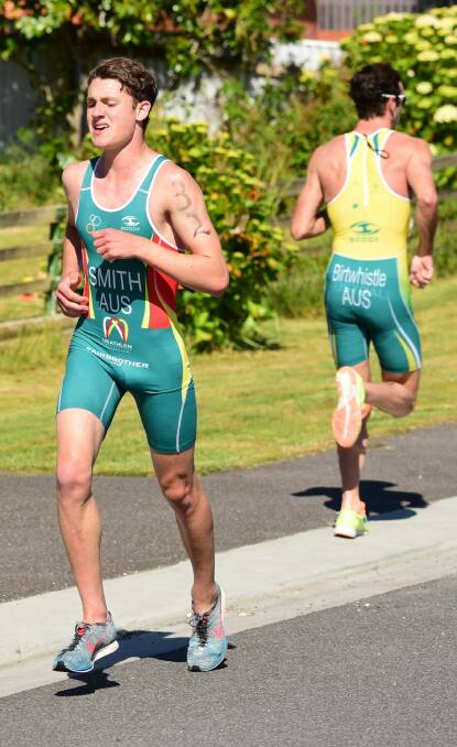 SHOWING PROMISE: Burnie triathlete Declan Smith runs past Launceston's 2018 Commonwealth Games prospect Jake Birtwhistle at Beauty Point earlier this month.