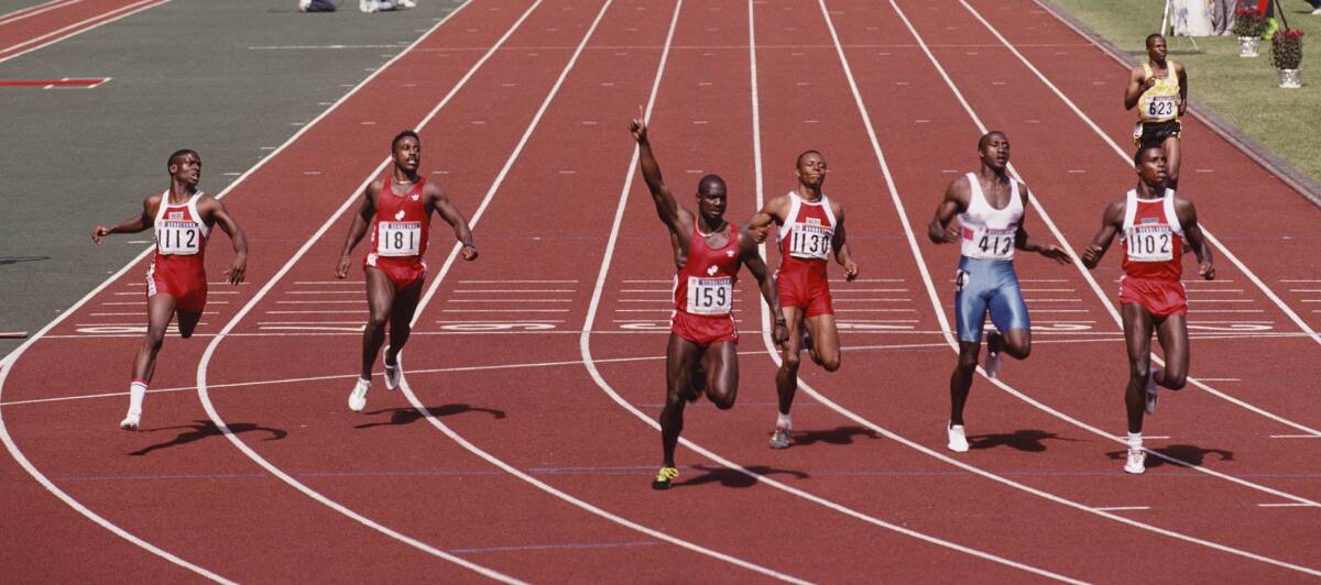 Ben Johnson celebrates his 100m victory over Calvin Smith, Linford Christie and Carl Lewis at the 1988 Seoul Olympics. Johnson was disqualified for taking drugs.