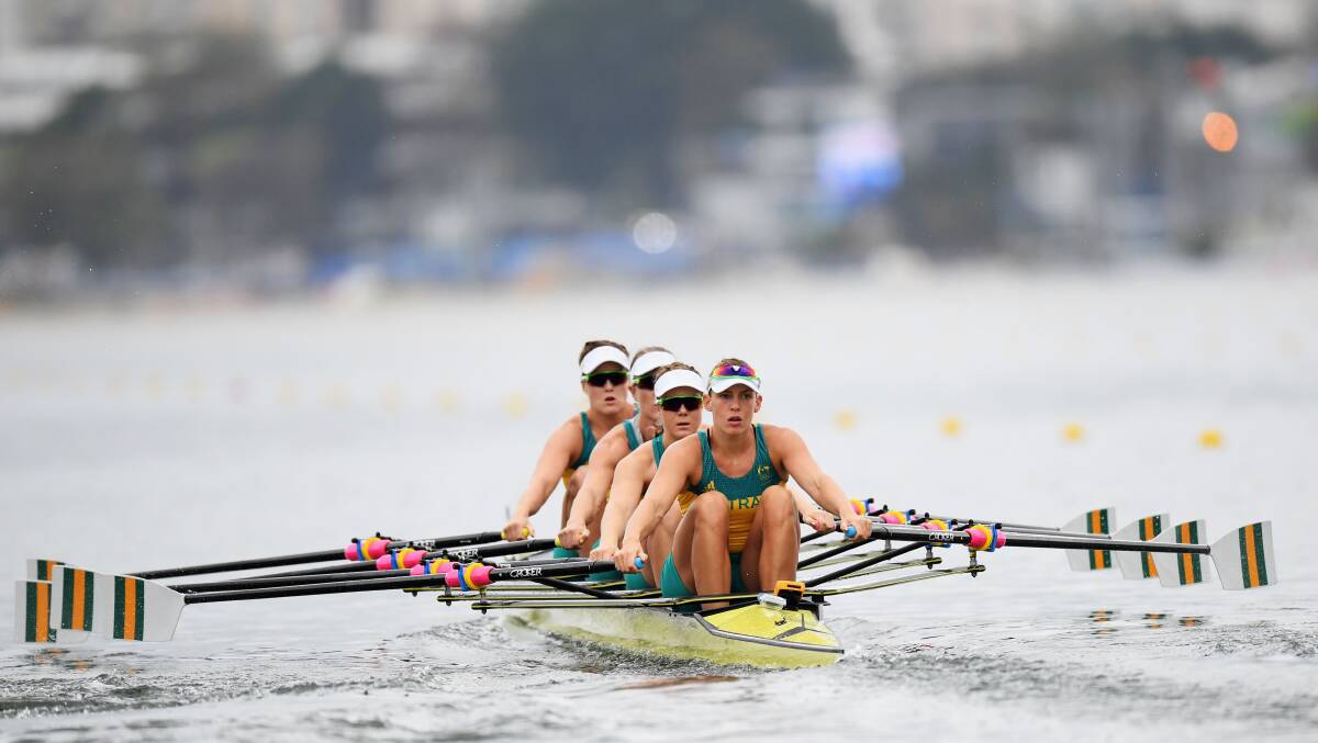 Australian crew Jessica Hall, Kerry Hore, Jennifer Cleary and Madeleine Edmunds compete in the women's quadruple sculls repechage on day 3. Picture: Getty Images