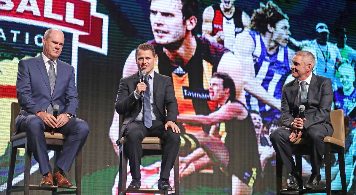 BIG VOICES: Tasmania's three AFL coaches Rodney Eade, Brendon Bolton and Chris Fagan at A Celebration of Tasmanian Football on Wednesday night. Picture: Scott Barbour 