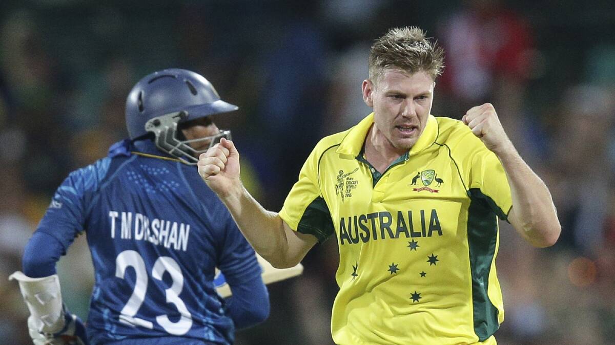 GOTCHA: James Faulkner celebrates the wicket of Sri Lanka's Tillekaratne Dilshan during the 2015 Cricket World Cup in Sydney. Picture: AP