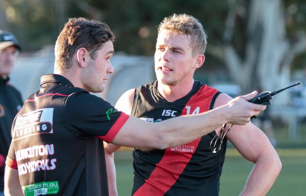 LEADERS: North Launceston captain Taylor Whitford and coach Tom Couch in conversation about Devonport at Invermay Park on Sunday. Both will miss this weekend's clash at West Park against Burnie. Picture: Andrew Woodgate
