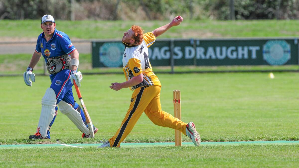 ON SONG: Longford opening bowler Jesse Arnol sends one down as Cressy captain-coach Damian Whybrow watches on. Picture: Phillip Biggs