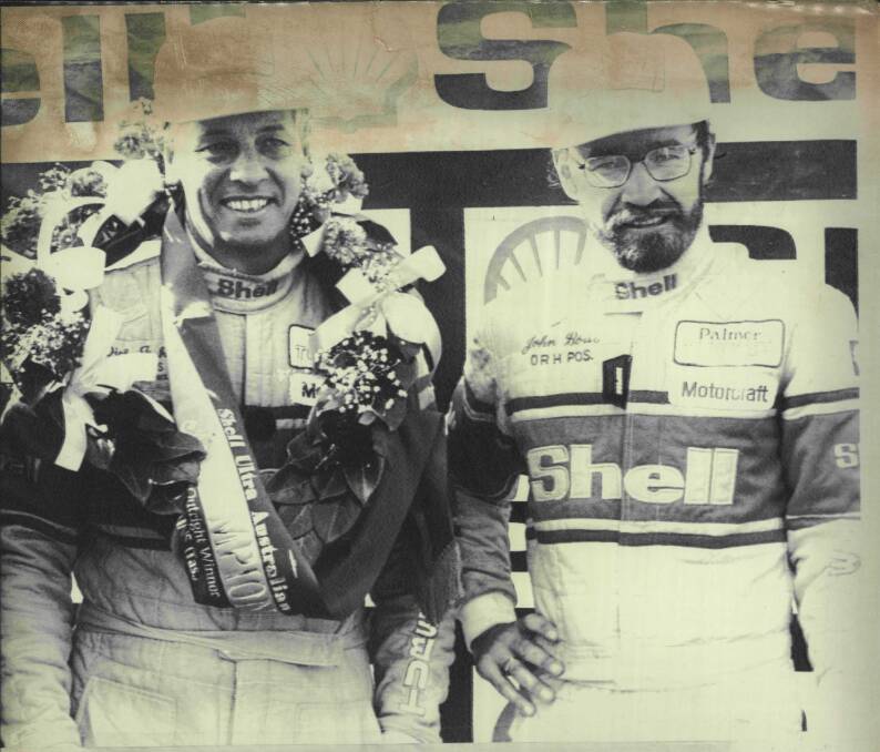 FLASHBACK: Dick Johnson and John Bowe on the Australian Touring Car Championships podium at Symmons Plains in March, 1988. Bowe was this week announced as the 53rd inductee of the Australia Motor Sport Hall of Fame.