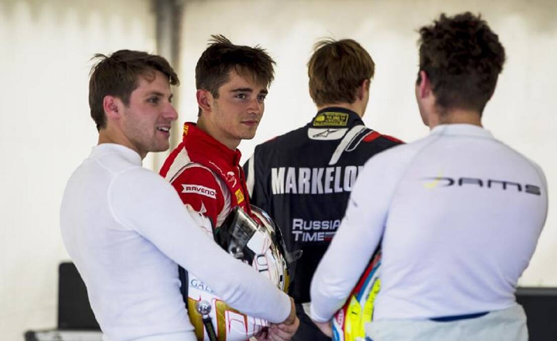 NEXT GENERATION: Jordan King (MP Motorsport), Charles Leclerc (PREMA Racing), and Oliver Rowland (DAMS) have a chat at this year's Formula 2 round in Hungaroring, Budapest, Hungary. Picture: Zak Mauger/FIA Formula 2