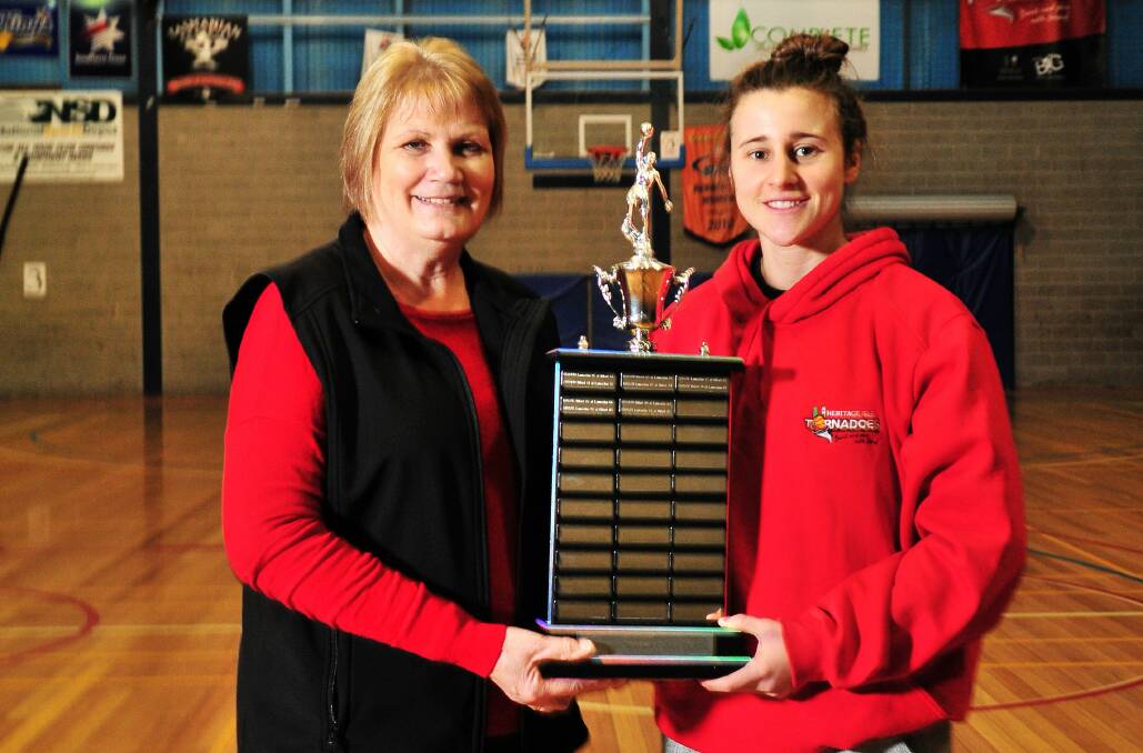 PRIZED POSSESSION: Tasmanian basketball stalwart Donna Mitchell and Tornadoes captain Lauren Mansfield with the Mitchell-Greenwood Trophy.