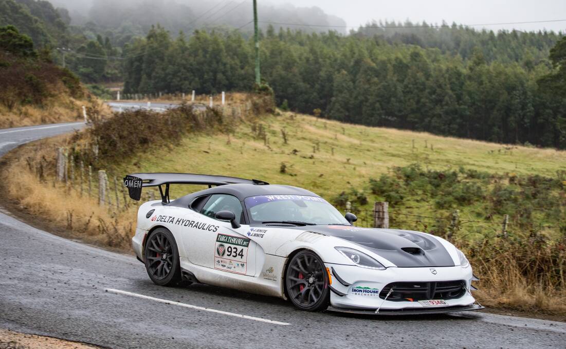 IN COMMAND: Jason and John White lead Targa Tasmania in their Dodge Viper after the first leg from Launceston to St Helens and return. Pictures: Angryman Photography