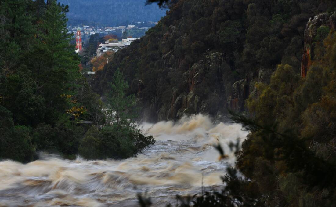 Water surges through the Cataract Gorge on Wednesday. Picture: Scott Gelston
