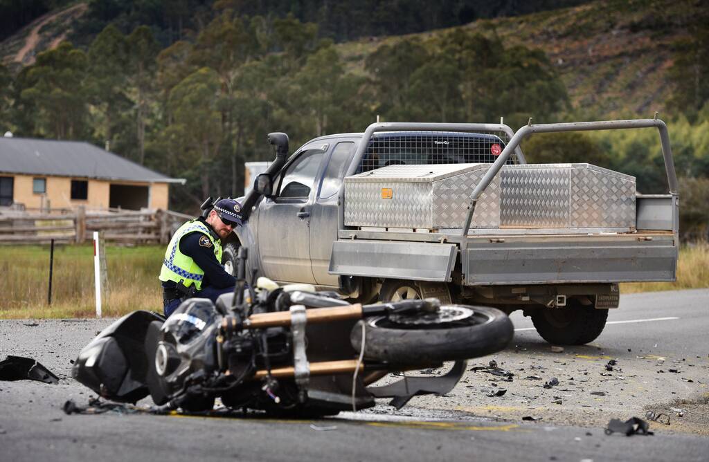 A ute and a motorcycle collided on the Tasman Highway near Targa on Tuesday afternoon. Picture: Scott Gelston