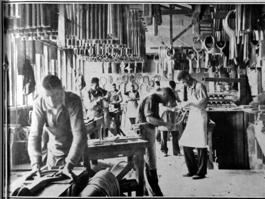 AT WORK: Inside the factory during its heyday in the 10930's where it employed up to 200 staff, making tennis racquets for the world. 