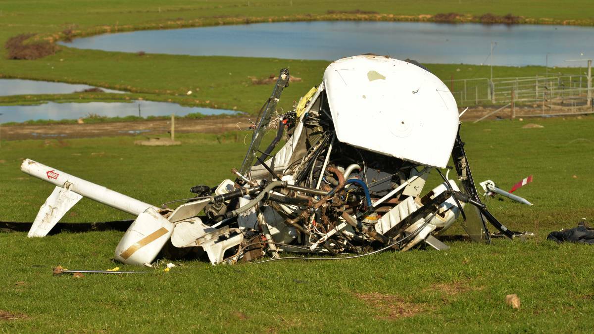 A helicopter was completely destroyed when it crashed while crop spraying at Deloraine on Wednesday. Picture: Brodie Weeding