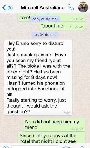 The concerned WhatsApp message from Mitchell Sheppard to Bruno Mouta. Photo: Supplied