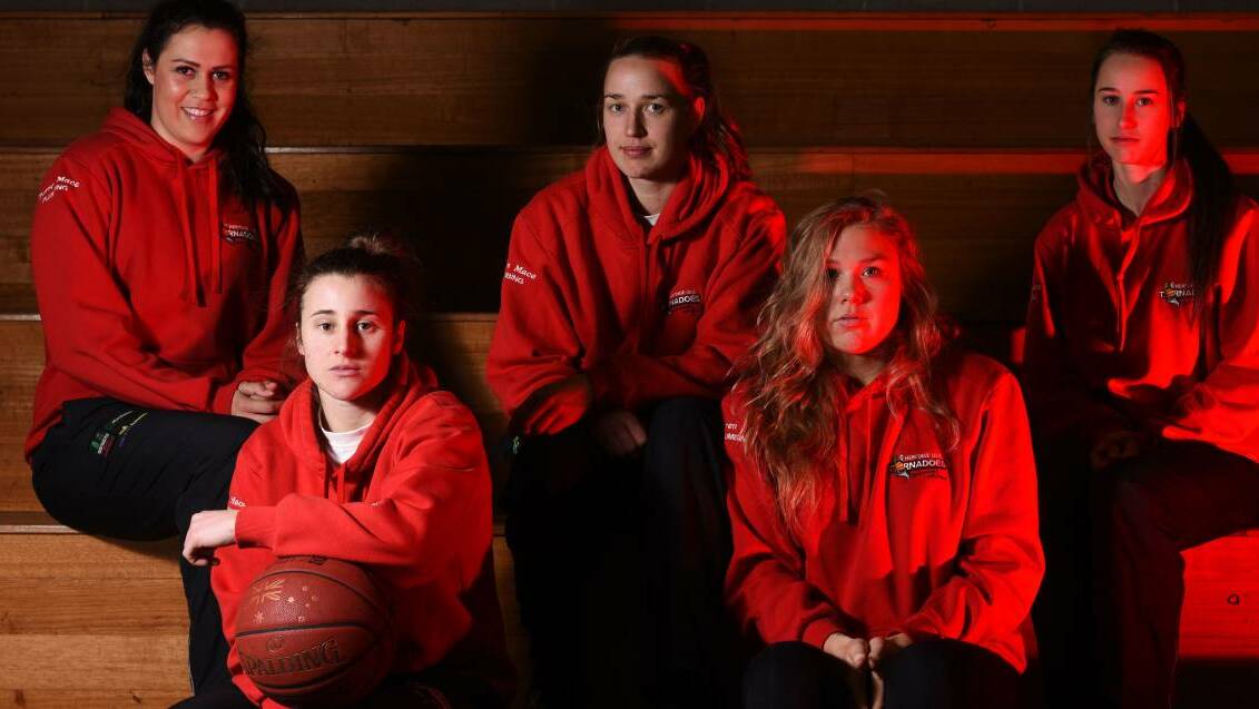 The Launceston Tornadoes starting five of Ally Wilson, Mikaela Ruef, Sam Phillips, Lauren Mansfield and Tayla Roberts are ready for Geelong. Picture: Scott Gelston