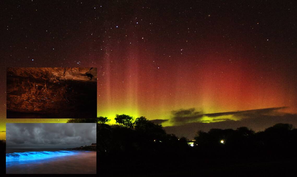 NATURAL WONDER: The Aurora Australis, captured near Ulverstone. Insets: glow worms inside the Marakoopa Caves, and sea sparkles on the North-West Coast. Pictures: Martin George, Julie Head.