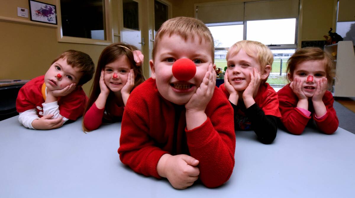 Aiden Lucas-Williams, Macy Allen, Albie McCallum, Seth Donaldson and Evie Biffin get involved with Red Nose Day at Perth Child Care Centre. Picture: Neil Richardson