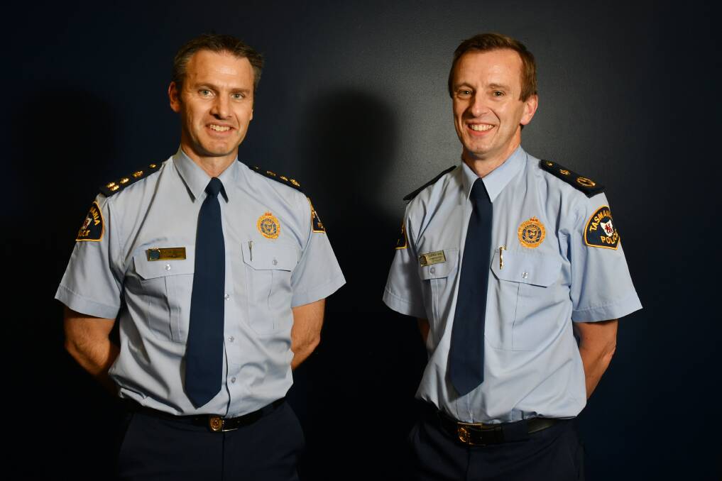 Promotion: New Assistant Commissioner Jonathan Higgins and Commissioner Darren Hine at the Burnie Police Station on Monday. Picture: Brodie Weeding