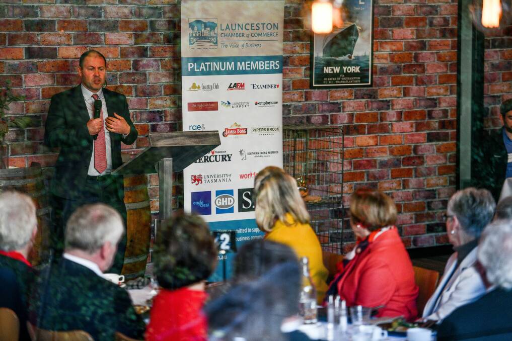 PITCH TO BUSINESS: Federal Treasurer Josh Frydenberg delivers a speech at a breakfast hosted by the Launceston Chamber of Commerce. Picture: Scott Gelston