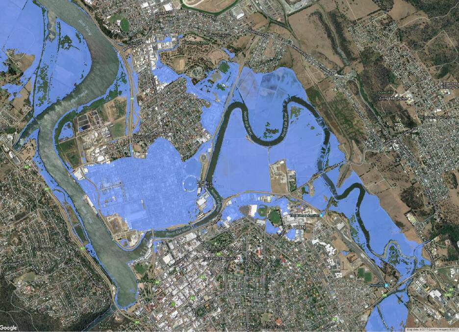 WET: New data shows what parts of Launceston will be inundated when sea levels rise across eight decades. 
Picture: Coastal Risk Mapping 