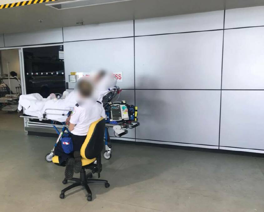 An image on the Health and Community Services Union Priority1 Facebook page. It says the patient was forced to wait outside the emergency department due to ramping. Picture: Supplied 
