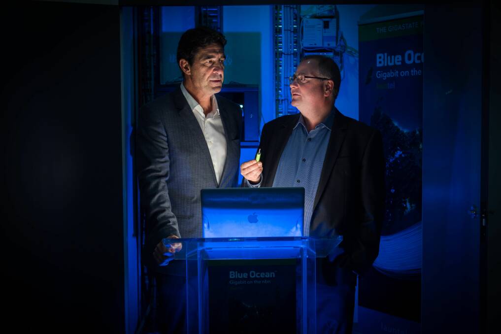 ARTAS Architects national director Scott Curran and Launtel head of technology Damian Ivereigh talk up the possibilities for the city after Australia's first gigabit connection went live. Picture: Scott Gelston