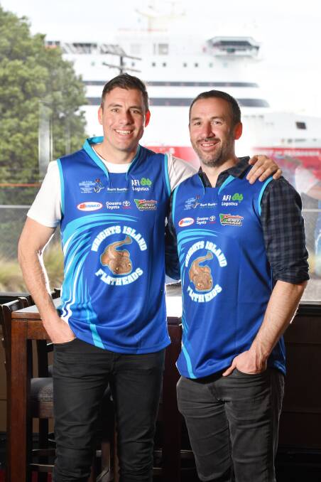 Representing: Matthew Richardson with ex-teammate and friend Ben Harrison at the Wrights Island Flatheads jumper presentation day on Sunday. Picture: Brodie Weeding.