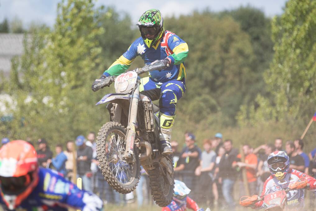 Soaring: Wynyard's Matt Phillips led the Australian team two second place with his fifth placed finish in the E3 class and 19th overall at the international six day Enduro in France. Picture: Sherco