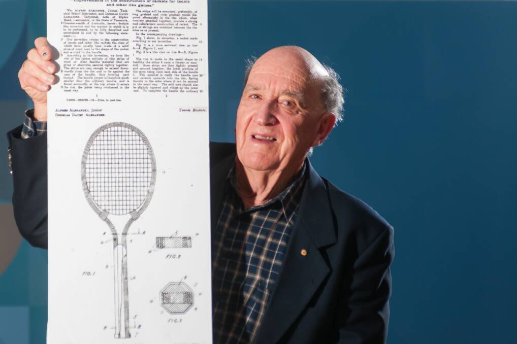 RACQUET HISTORY: Launceston historian Gus Green created memorabilia to recognise the significance of the Alexander Patent Racquet to the tennis racquet manufacturing world and the state. Picture: Phillip Biggs