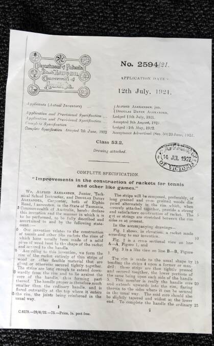 A copy of the original patent received by brothers Alfred Alexander junior and Douglas Davey Alexander for their new racquet design. Picture: Geoff Robson