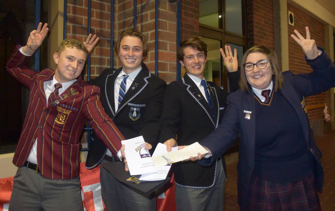 SOLD: Ben Grayson, 18, Dominic Sloane, 18, Andre Briffa, 18, and Clare Broomby, 18, compete the 2017 REIT Schools Auctioneering Competition. Picture: Tess Brunton