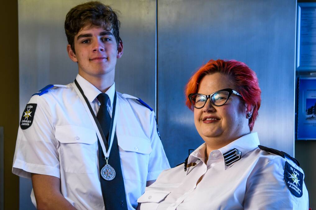St John Ambulance cadet Lachlan Hindrum, 16, with state officer of cadets Vanessa Henry, took out the third place in a national first aid competition Picture: Scott Gelston