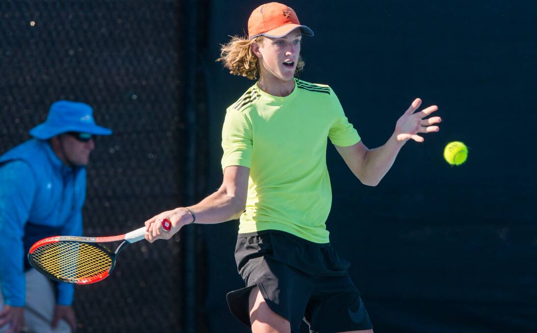 ON THE ATTACK: Ruben McCormack unleashes a forehand stroke in the men's singles final during the Tasmanian Easter Championships on Monday. Picture: Phillip Biggs.