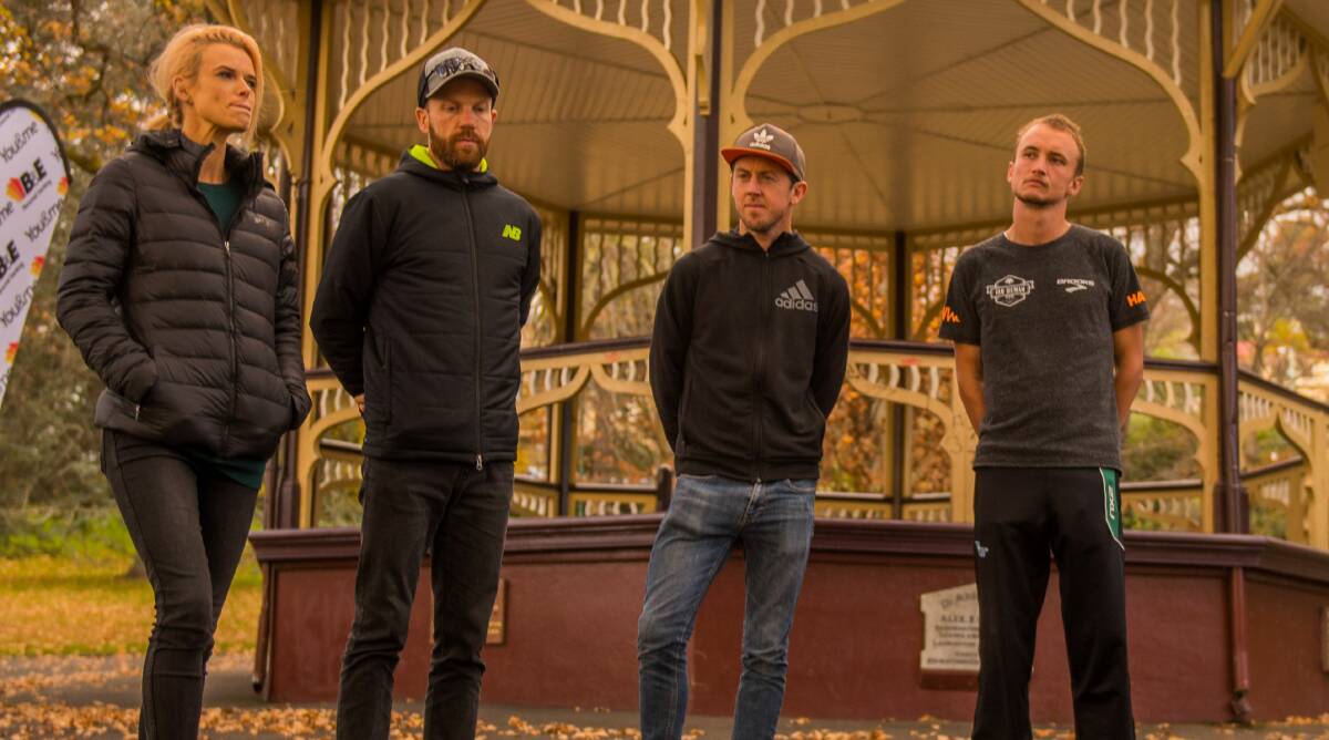 MAKING A STAND: Eloise Wellings, Ben St Lawrence, Liam Adams and Josh Harris gather for a pre-race discussion ahead of Sunday's Launceston Ten. Pictures: Scott Gelston