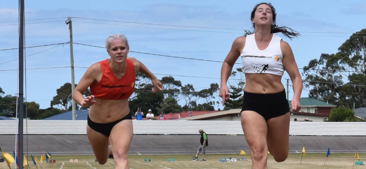 PHOTO FINISH: Launceston's Abby Chapman (right) bursts over the line to take out the 2017 women's St Helens Gift during its 63rd carnival on the east coast. 
