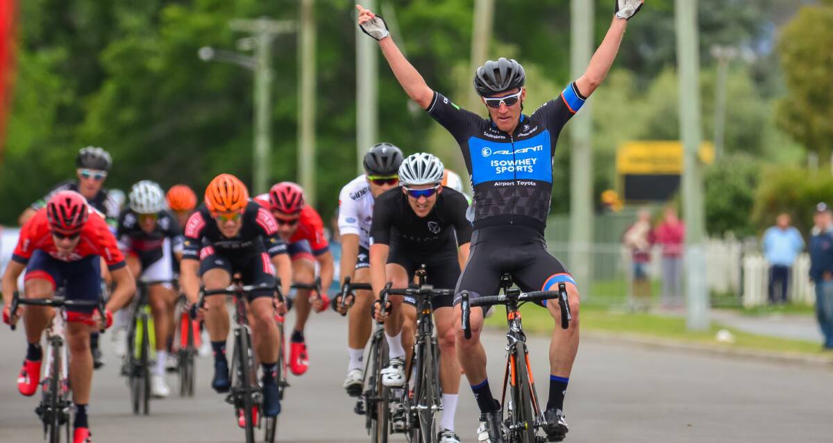 WINNING LINE: West Australian cyclist Anthony Giacoppo sprints to the finish, celebrating his victory during the Longford Kermesse on Sunday. Picture: Phillip Biggs