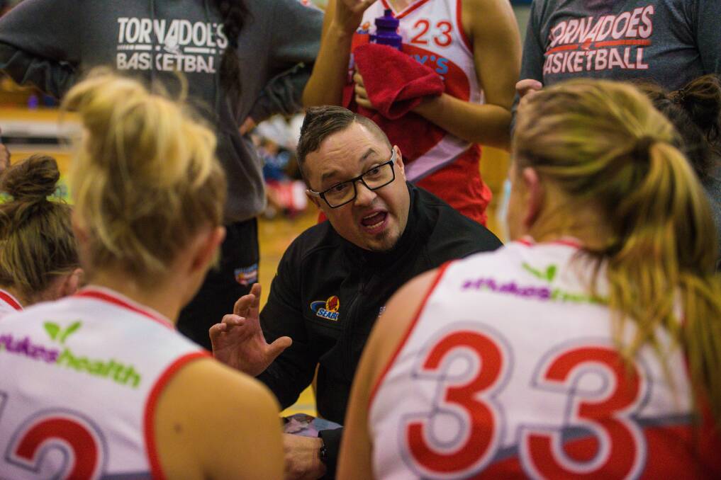 BIG TALK: An animated Launceston Tornadoes coach Richard Dickel looks to get his point across to his players in their loss on Saturday night. Pictures: Scott Gelston  