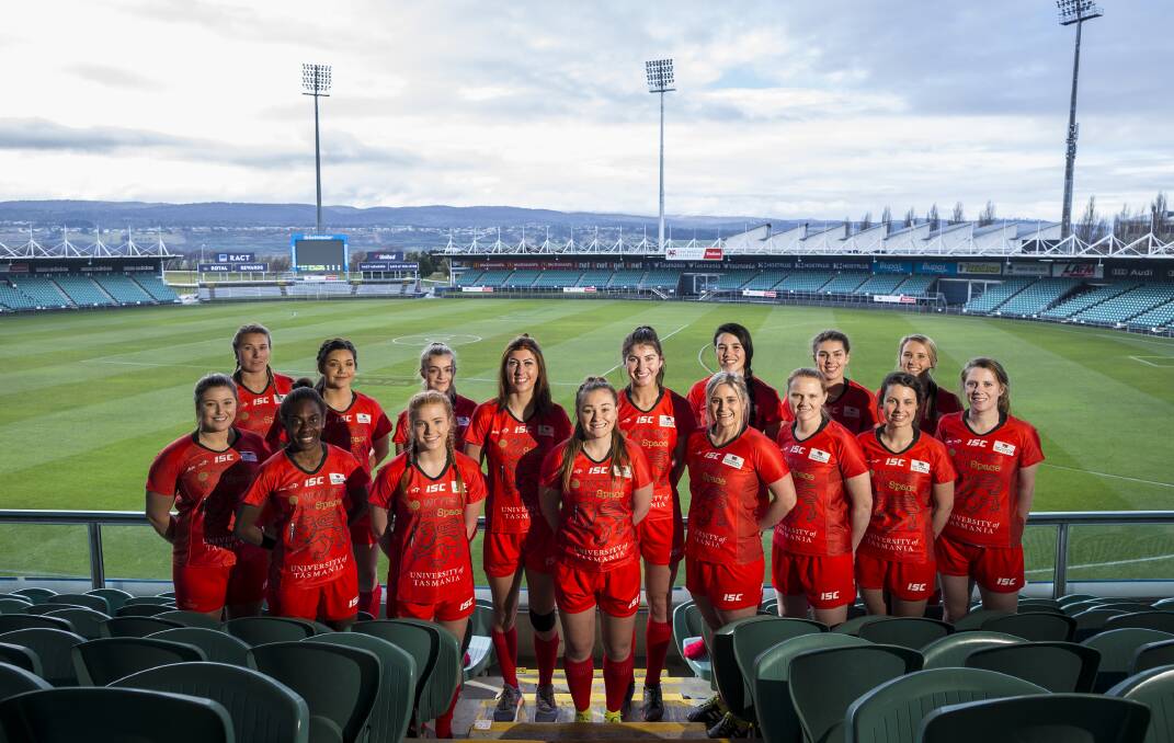 WE'RE HERE: University of Tasmania's women's rugby sevens outfit get kitted out ahead of the National University Sevens Series. Picture: Supplied.