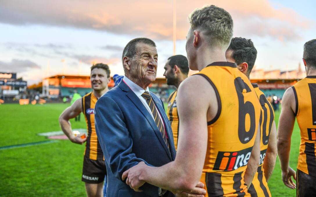 OUR NEST: Outspoken Hawthorn president Jeff Kennett congratulates Hawk James Sicily this year during one of the club's 2019 home games in Launceston.