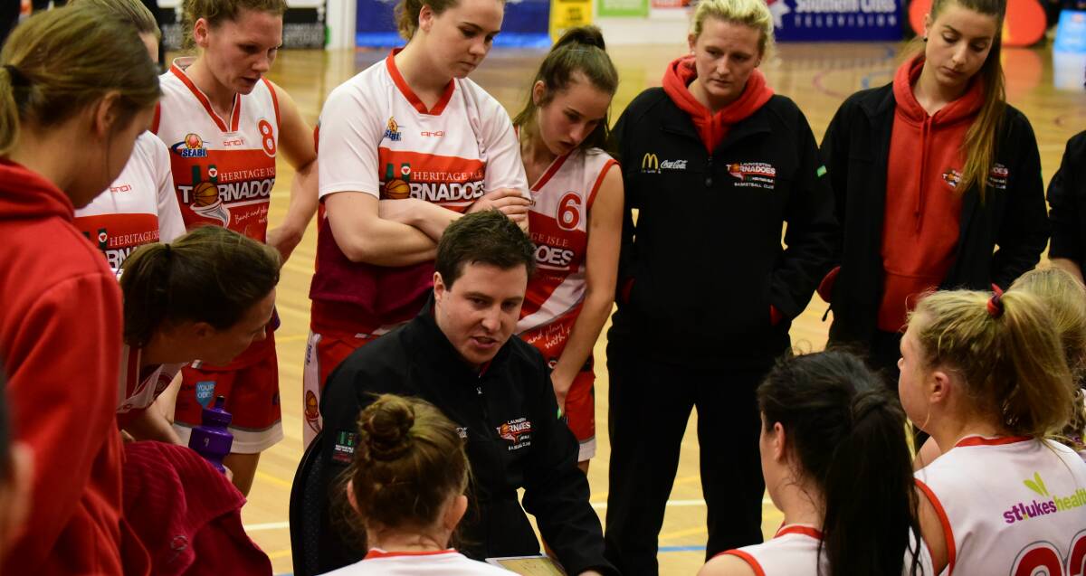 TOP JOB: Launceston Tornadoes coach Reece Potter delivers instructions to his players during last Saturday night's home preliminary final win over Geelong. Picture: Paul Scambler