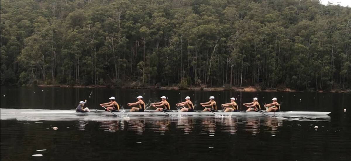 BIG STROKES: Scotch College open boys eights during their last training session in preparation for Saturday's massive Head of the River win at Lake Barrington. Picture: Supplied.