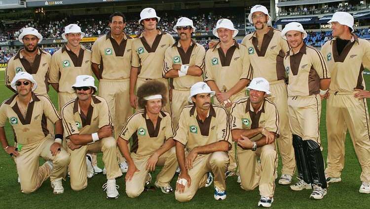 UNSERIOUS STUFF: New Zealand dress the part in retro brown uniforms for the first-ever Twenty20 match against Australia in 2005 - but 13 years on the shortest format of the game has proven to be most popular. Picture: Supplied.