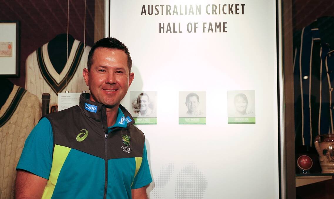 PRIDE: Ricky Ponting stands in front of his Australian Hall of Fame image during the formal induction at the MCG on Monday. Picture: Cricket Australia.