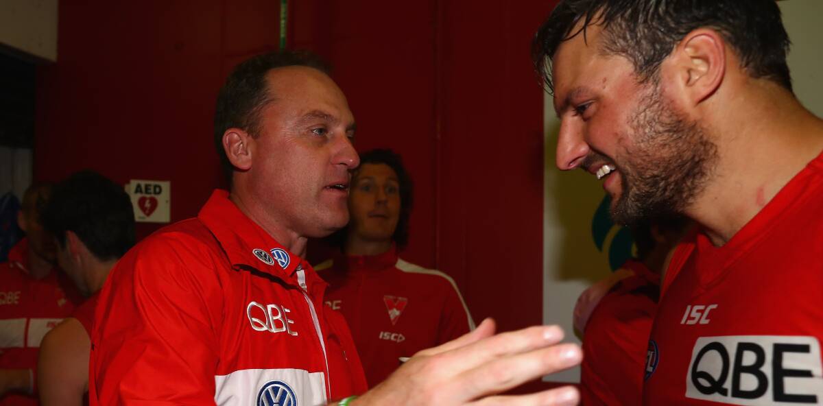 FAREWELL: Sydney coach John Longmire and ruckman Toby Nankervis will part ways, as the Tasmanian seeks more opportunties at Richmond next year. Picture: Gettys Images