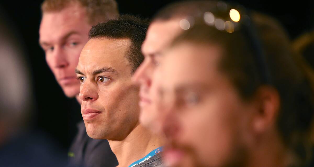 FOCUSED: Launceston cyclist Richie Porte deadpans at a recent packed media conference in Adelaide ahead of the 2017 Tour Down Under. Picture: Getty Images