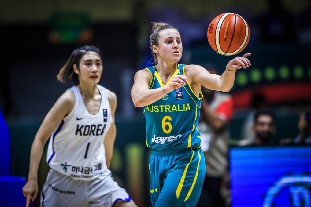 HANDS ON: Launceston captain Lauren Mansfield looks to pass off while making her Australian debut against South Korea at the 2017 Asia Women's Cup. Picture: FIBA.com