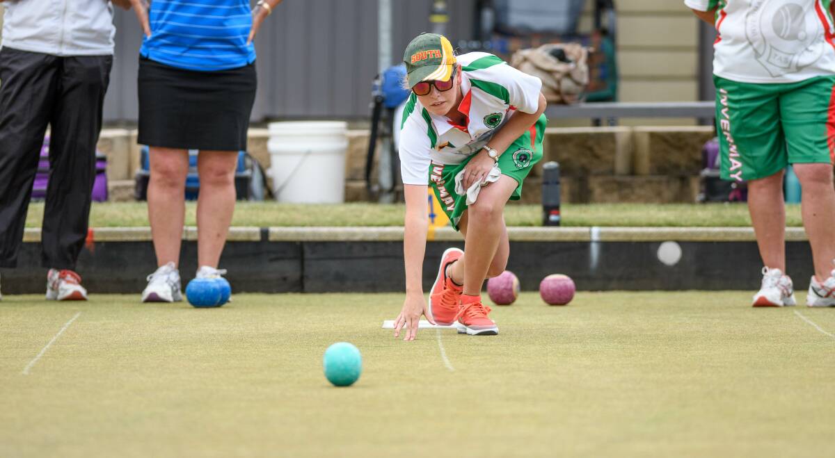 SMOOTH: Candice Hodgetts delivers her shot for one of the hosts, Invermay, during the state open fours bowls titles on Wednesday. Picture: Scott Gelston