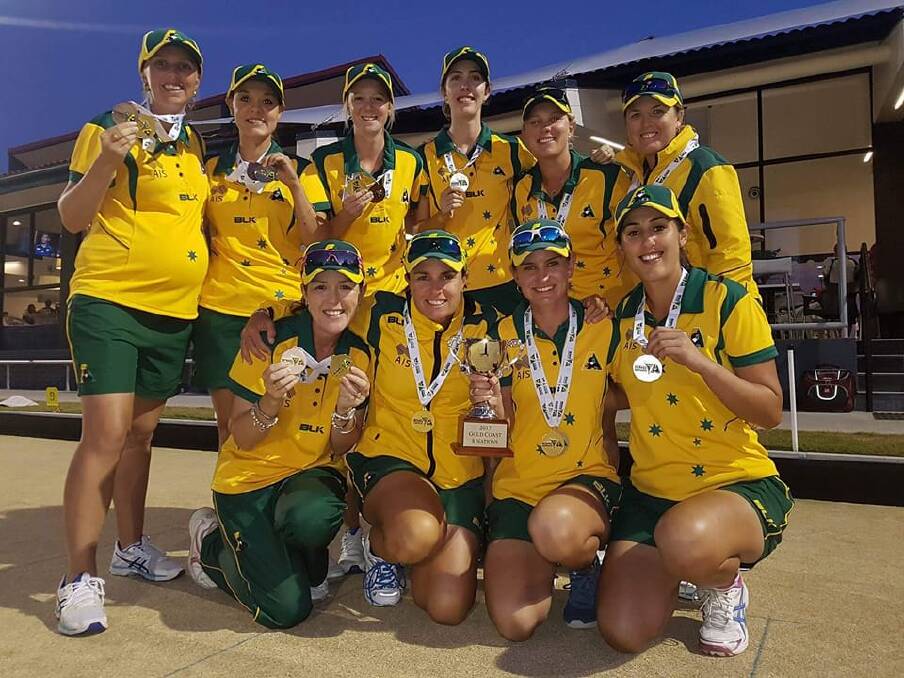 GOLDEN GIRLS: Rebecca Van Asch, far right, joins her Australian teammates in celebrating success this past week on the Gold Coast. Picture: Bowls Australia.