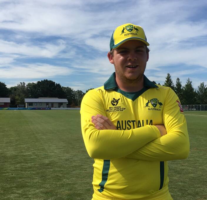 I'VE MADE IT: Jarrod Freeman stands proudly at the Lincoln Green, the under-19 World Cup venue for his debut in Australian colours on Friday in Christchurch. Picture: Supplied