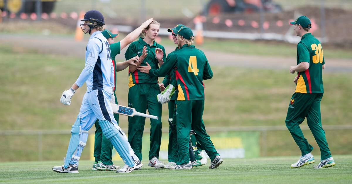 WELL DONE: South Launceston left-arm seamer James Beattie is congratulated by Tasmanian teammates after picking up a NSW Metro wicket.